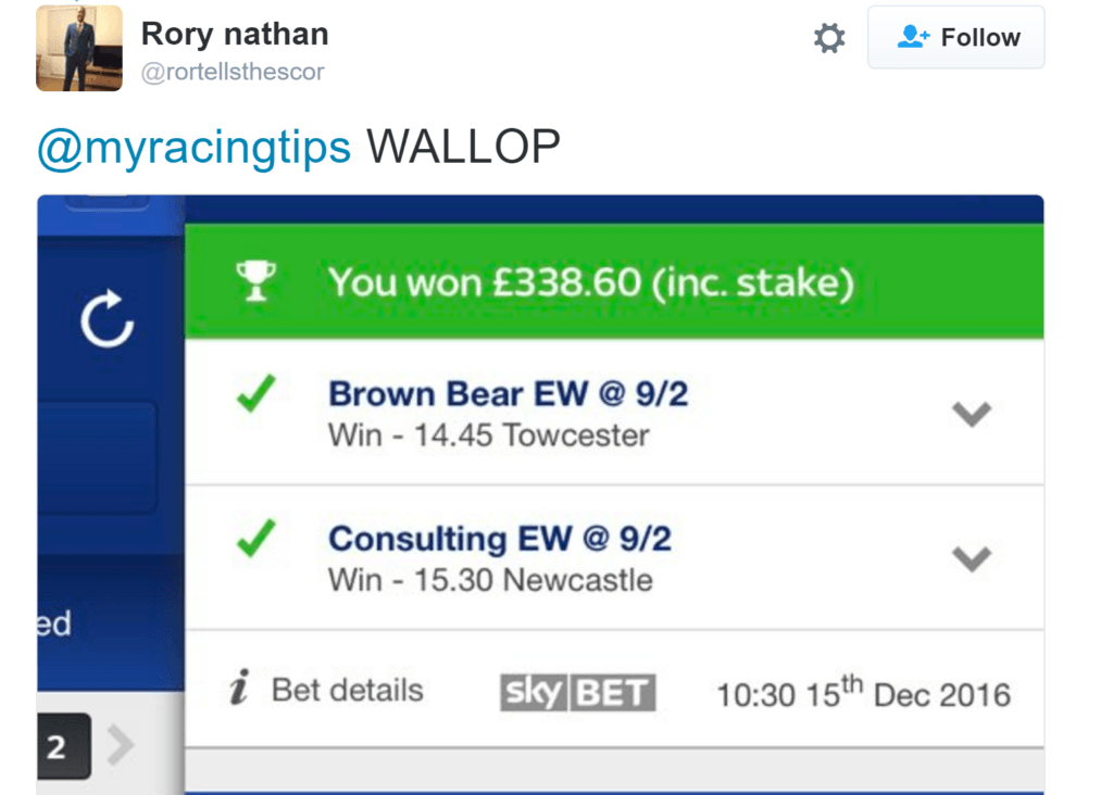 myracing.com Each Way Double landed for £338.60!