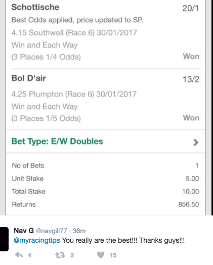 Each Way Double Landed 30th January 2017
