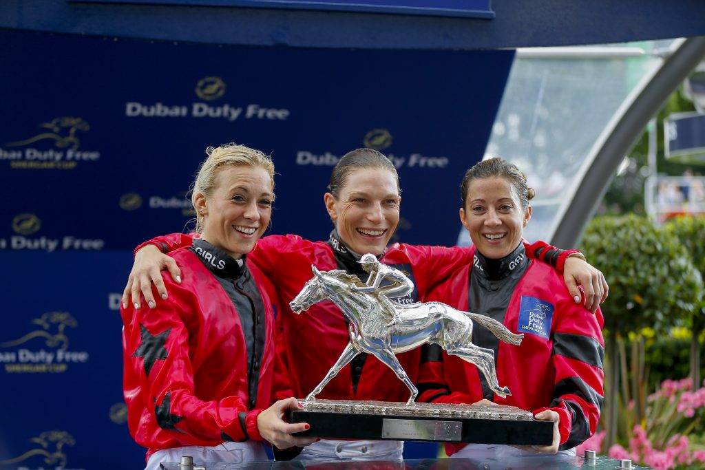 The Girls team celebrating winning the Shergar Cup in 2015