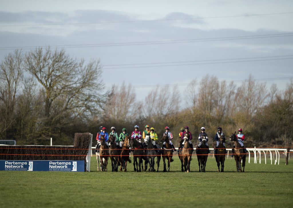 The runners line up at the start of the 3m Novices' Handicap Chase at Huntingdon, 25/1/19